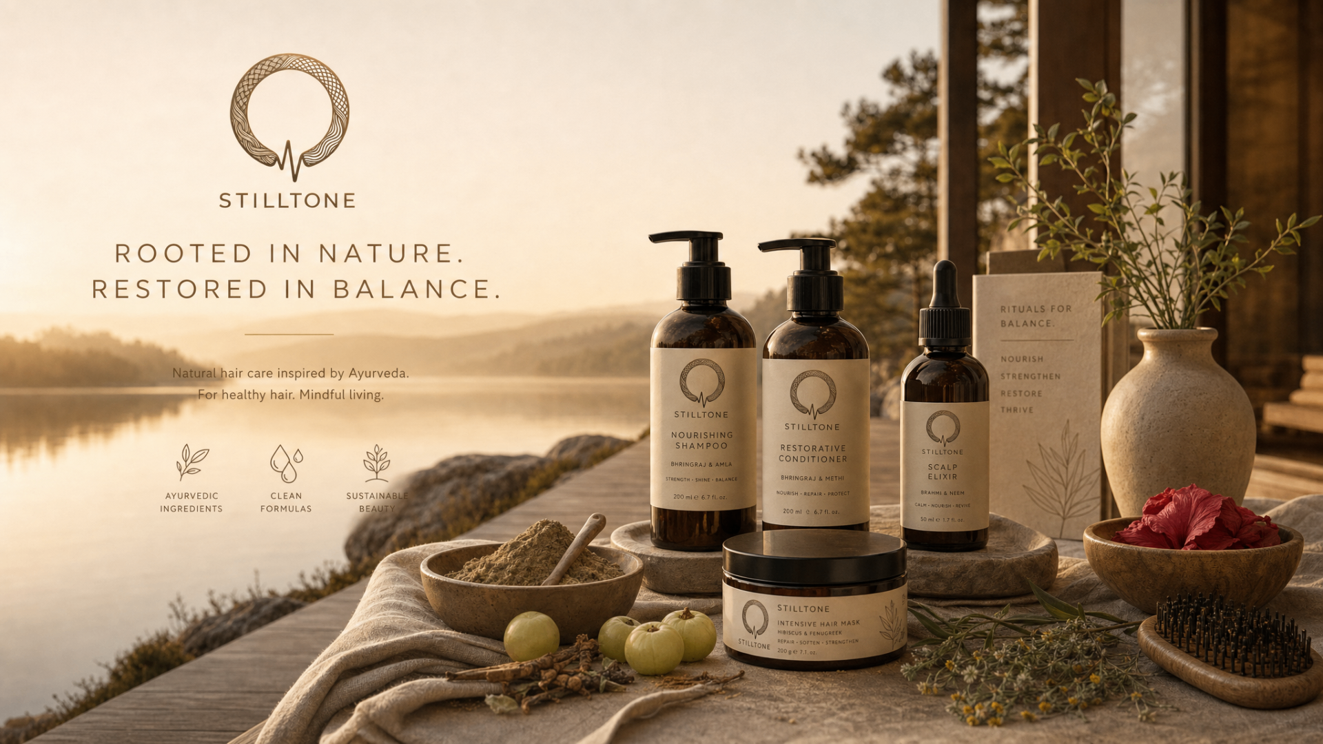 Stilltone natural hair and skin care collection — Ayurvedic shampoo, conditioner, scalp elixir, and intensive hair mask